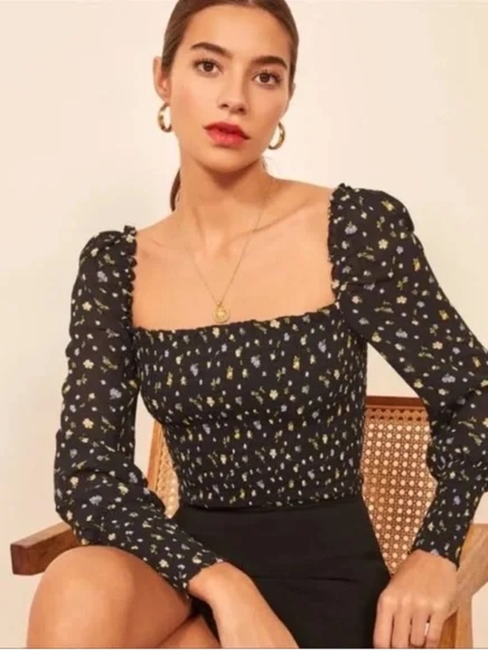 Reformation Pinto Smocked Floral Blouse | XS | Black Floral